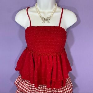 SHEIN Red Ruffled Smocked Tank Top